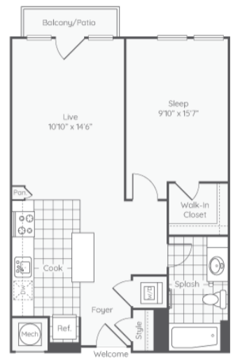 Floor plan for 1 bed, 1 bath, 661 sqft